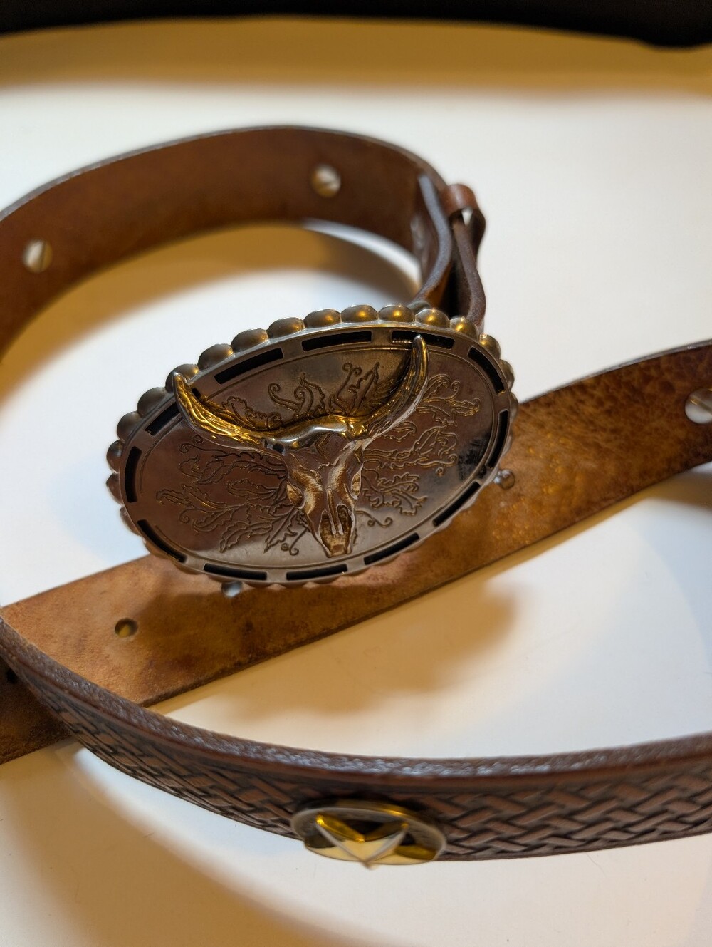 Brown Leather Western Belt with Bull Head Buckle